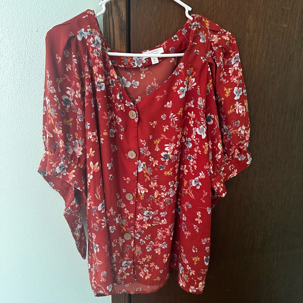 LC Lauren Conrad Red Floral Blouse
